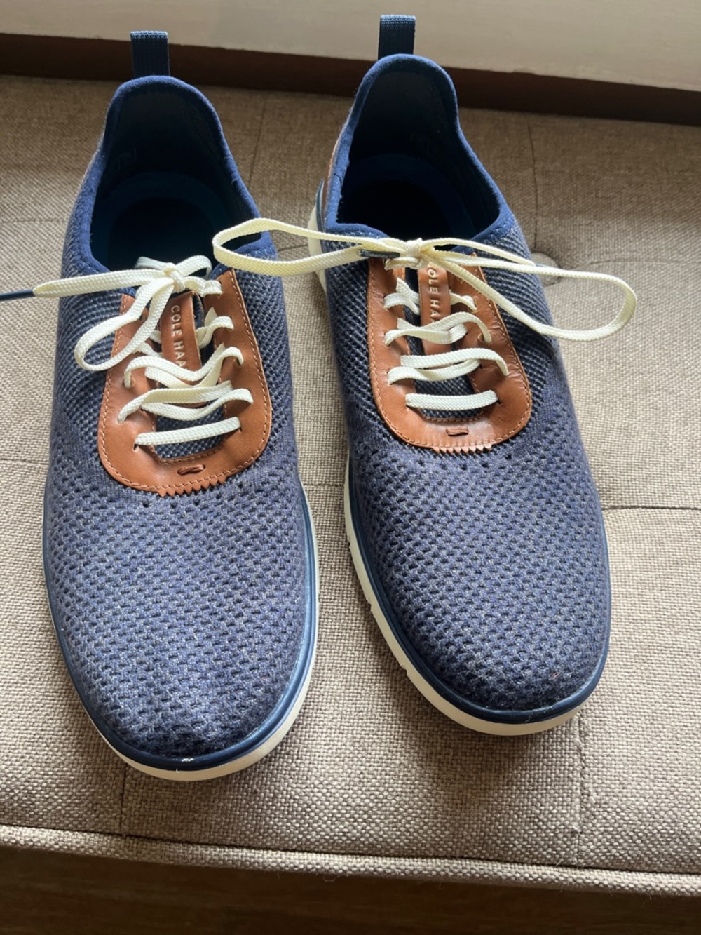 Cole Haan Navy Knit Sneakers with Tan Leather Accents